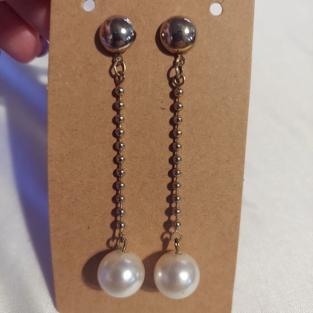 Dangle Drop Earrings Chain W/ Faux Pearl 2 3/4"